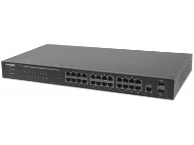 Intellinet 24-Port Gigabit Ethernet PoE+ Web-Managed Switch with 2 SFP Ports, 24 x PoE ports, IEEE 802.3at/af Power over Ethernet (PoE+/PoE), 2 x SFP, Endspan, 19" Rackmount (Euro 2-pin plug)
