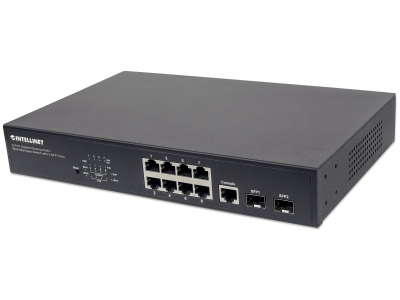 Intellinet 8-Port Gigabit Ethernet PoE+ Web-Managed Switch with 2 SFP Ports, IEEE 802.3at/af Power over Ethernet (PoE+/PoE) Compliant, 140 W, Endspan, Desktop, 19" Rackmount (Euro 2-pin plug)