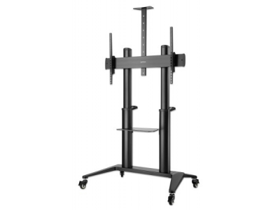 Manhattan TV & Monitor Mount, Trolley Stand, 1 screen, Screen Sizes: 70-120", Black, VESA 200x200 to 1000x600mm, Max 140kg, Height adjustable 1250 to 1600mm, Camera and AV shelves, Aluminium, LFD, Lifetime Warranty