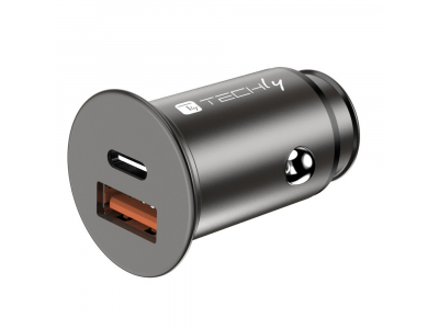 Techly Mini Car Charger USB-A and USB-C Quick Charge 3.0 38W in Black Metal