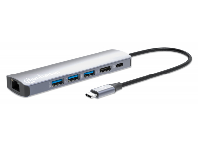 Manhattan USB-C Dock/Hub, Ports (x6): Ethernet, HDMI, USB-A (x3) and USB-C, With Power Delivery (100W) to USB-C Port (Note additional USB-C wall charger and USB-C cable needed), USB 3.2 Gen 1, All Ports can be used at the same time, Aluminium, Silver