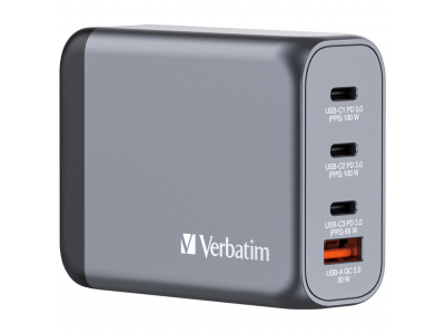 Verbatim GNC-100 GaN Charger 100W with 2 x USB-C PD 100W / 1 x USB-C PD 65W / 1 x USB-A QC 3.0 (EU/UK/US)