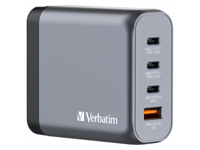 Verbatim GNC-140 GaN Charger 140W with 2 x USB-C PD 140W / 1 x USB-C PD 20W / 1 x USB-A QC 3.0 (EU/UK/US)