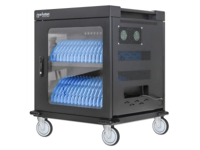Manhattan Charging Cabinet/Cart via AC Adapter (EU) x32 Devices, Trolley, Using supplied AC Adapter (power cables) included with device, Suitable for iPads/other tablets/phones/laptops (up to 15.6"), Bays 380x30x280mm, Lockable, EU 2-pin Plug