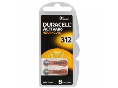 Duracell Izmērs 312, Dzirdes Aparāta Baterija, 1.45V Duracell Zn-Air PR41 iepakojumā 6 gb.