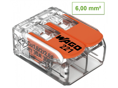 WAGO 2-kontaktu spaile 221-612 50gb. Fine-stranded conductor : 0.14 … 6 mm² / 24 … 12 AWG