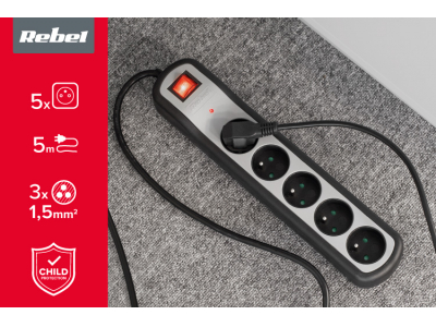 REBEL ™ Elektrības Pagarinātājs 5 kontaktligzdas ar slēdzi 3m | 3x1.5 mm