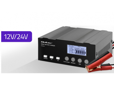 Qoltec ® Inteliģents mikroprocesora lādētājs 12V | 12.6V | 24V ar remonta funkciju AGM, GEL, LiFePO4 akum.