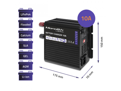 Qoltec ® Viedais 12V akumulatoru lādētājs ar 3 posmu uzlādi| 10A | LiFePO4, AGM, GEL un SLA akumulatoriem