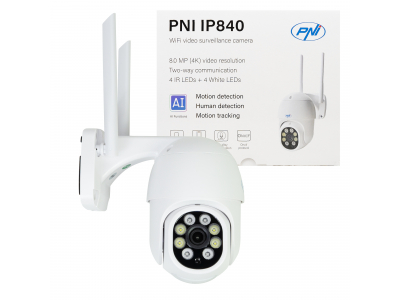 PNI ® Bezvadu video novērošanas kamera PNI IP840 WiFi, PTZ, 8MP 4K, micro SD slots, autonomā, AI funkcijas