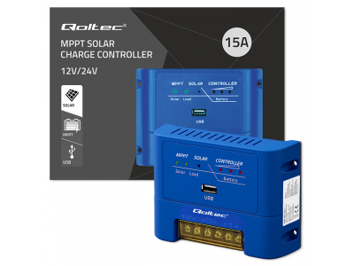 Qoltec ® MPPT 15A saules paneļu uzlādes kontrolieris 12/24V | 99% efektivitāte | Saderīgs ar AGM, GEL, LiFePO