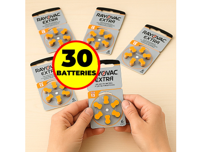 RAYOVAC 30 gab.  Ekonomiskais Komplekts Dzirdes aparāta baterijas | Izmērs 13 | Extra Advanced Zn-Air PR48