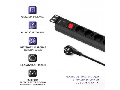 Qoltec ® PDU Overvoltage power strip for RACK 19" with CB | 1U | 16A | 8xFRENCH | 2m