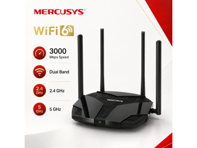 MERCUSYS® Wi-Fi 6 AX3000 divjoslu maršrutētājs, līdz 3000 Mb/s, 4×LAN + 1×WAN