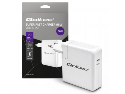 Qoltec ® Īpaši ātrs 96W Power Delivery lādētājs | USB-C 3.0 | 5–20V | 3–4.8A | MacBook | portatīvajam datoram