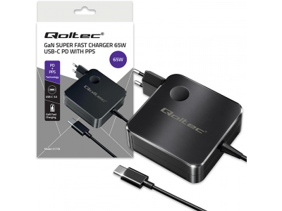 Qoltec ® Īpaši ātrs 65W GaN tīkla lādētājs | USB-C PD PPS | 5–21V | 3–3.25A | portatīvajam datoram | MacBook