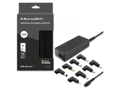 Qoltec ® Universālais strāvas adapteris datoram 45W | MultiPlug | 8 sraudņi | + elektrības kabelis