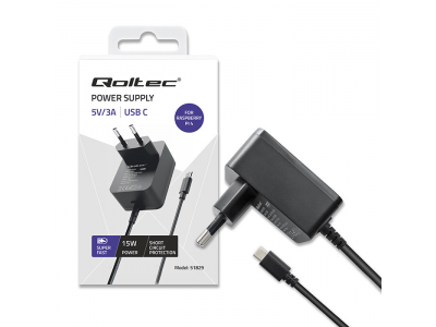 Qoltec ® Power supply: switching | mains,plug-in | 5VDC | 3A | 15W | Out: USB C | Raspberry PI 4
