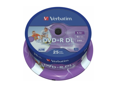 Matricas DVD+R DL Verbatim 8.5GB Double Layer 8x AZO Wide Printable non ID 25 Pack Spindle