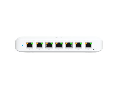 Ubiquiti USW-Ultra-210W-EU compact, Layer 2, 8-port GbE PoE switch with versatile mounting options, 7x GbE PoE+ output ports, GbE port with optional PoE++ input, 202W PoE availability with the included AC power adapter USW-ULTRA-210W-EU