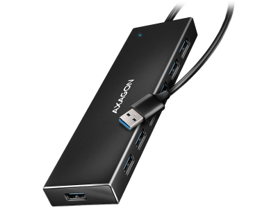 Seven-port USB 3.2 Gen 1 hub with charging support. Connector for external power supply. USB-A cable 1 m. HUE-F7A