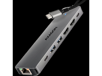 AXAGON HMC-7HX2 USB-C 3.2 Gen 1 hub, 2x USB-A + 1x USB-C, 2x HDMI 4K 60Hz, GLAN, PD 100W, 15cm USB-C cable HMC-7HX2