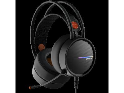 CANYON INTERCEPTOR GH-8A, Gaming headset 3.5mm jack plus USB connector for LED backlight, adjustable microphone and volume control, with 2in1 3.5mm adapter, cable 2M, Black and Orange, 0.36kg CND-SGHS8A