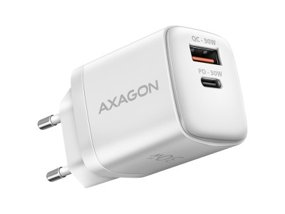 Axagon Sil wallcharger 2x port (USB-A + USB-C), PD3.0/QC4+/PPS/AFC/Apple. 30W total power. ACU-PQ30W
