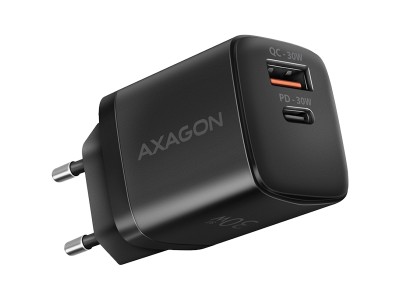 Axagon Sil wallcharger 2x port (USB-A + USB-C), PD3.0/QC4+/PPS/AFC/Apple. 30W total power. ACU-PQ30