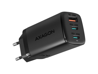 Axagon GaN wallcharger <240V / 3x port (USB + dual USB-C), PD3.0/QC4+/PPS/Apple. 65W total power. ACU-DPQ65