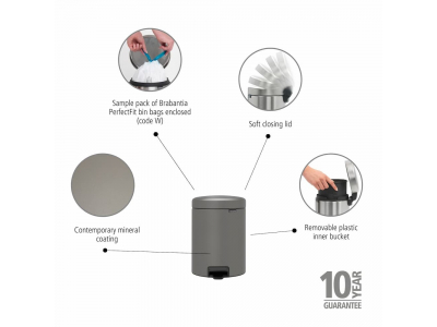 BRABANTIA atkritumu tvertne ar pedāli NewIcon, 5L, Mineral Concrete Grey