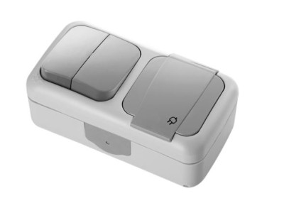 VIKO by Panasonic Mitrumizturīgs IP54 2 polu elektrības slēdzis + kontaktligzda [rozete] ar zemējumu pelēks
