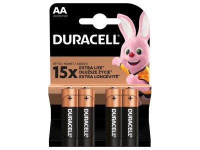 Duracell AA (LR6) baterijas 1.5V Duracell BASIC sērija Alkaline MN1500 iepakojumā 4 gb.