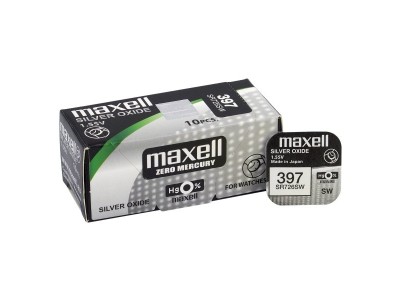 Maxell 397 baterijas 1.55V Maxell sudraba-oksīda SR726SW, 396 iepakojumā 1 gb.