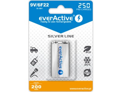everActive™ AK9.eA.SL1; 6F22/9V akumulatori 8.4V everActive Silver line Ni-MH 250 mAh iepakojumā 1 gb.