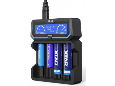 XTAR ® X4 ātrais LCD lādētājs Li-ion/Ni-MH (18650, 21700, AA, AAA), 4 ligzdas, 2A, Power Bank, AC/USB