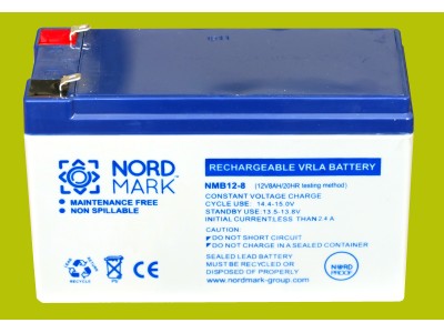 NORDMARK™ 12V 8Ah akumulators :: Svina-Skabes :: 12 Volti, 8 amperstundas (Ah) :: Klemmes tips T1 (4.75mm)