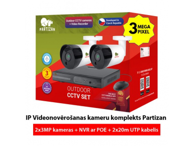 PARTIZAN ™ Profesionāls IP Videonovērošanas kameru komplekts : 3MPix kamera + NVR ar POE + 20m UTP kabelis