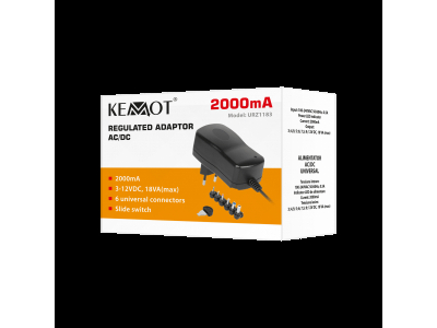  Regulējams barošanas bloks 3/4.5/6/7.5/9/12V | 2000mA | 6 gab. universāli spraudņi | 1m