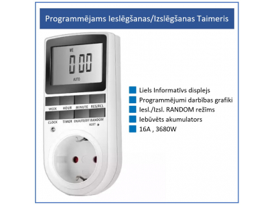 ElectroBase ® Programmējams Ieslēgšanas / Izslēgšanas Taimeris Kontaktligzdai / 16A / Liels informatīvs displejs