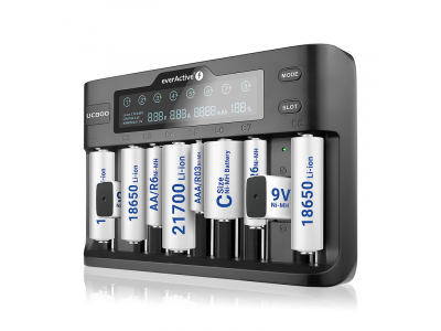 everActive™ UC-800 viedais lādētājs | Li-ion/Ni-MH/LiFePO4/9V | 8 ligzdas | LCD | 2A ātrā uzlāde