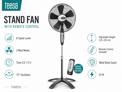 Teesa™ Jaudīgs ventilators | Tālvadības pults | 8 ātrumi | Līdz 55W | 75° automātiskās svārstības