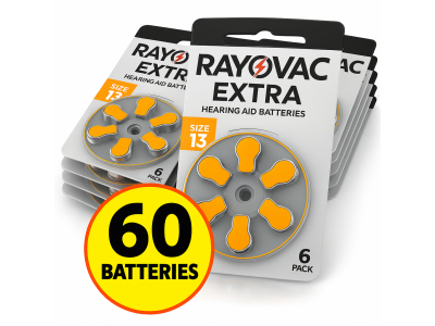 RAYOVAC 60 gab.  Ekonomiskais Komplekts Dzirdes aparāta baterijas | Izmērs 13 | Extra Advanced Zn-Air PR48