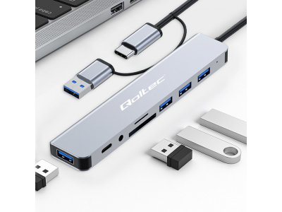 Qoltec ® Hub Adapter 8in1 USB-C/USB | USB-C | 4xUSB | SD/TF card | JACK 3.5mm TRRS