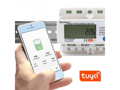 Qoltec ® Wi-Fi trīsfāžu elektroniskais jaudas skaitītājs | DIN sliede | 400V | 100A | iOS, Android Tuya
