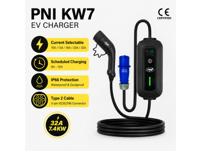 PNI ® Pārnēsājams Vienfāzes elektroauto lādētājs, 7.4kW, 32A, Type 2, 5 kontaktu IEC62196, IP66, soma