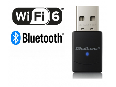 Qoltec ® Ultra ātrs WiFi 6 un Bluetooth 5.4 Adapteris | 900Mbps | 11a/b/g/n/ac/ax | USB 2.0