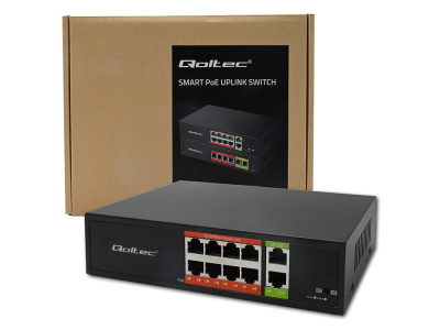Qoltec ® 8 portu FAST Ethernet PoE komutators | 8x RJ45 PoE | 2x RJ45 Uplink | 120W | 10/100 Mb/s | QOLTEC
