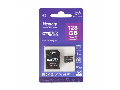PNI ® MicroSDXC 128GB atmiņas karte ar SD adapteri, 10. klase, 80 Mb/s, V30 | SDXC | UHS Speed Class 3