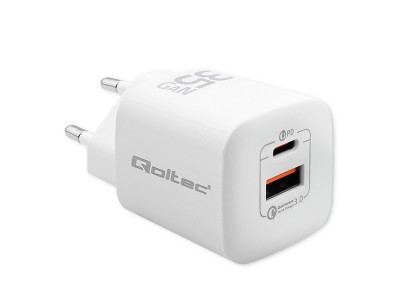 Qoltec ® GaN ULTRA 35W lādētājs | 5-20V | 2.25-3A | 1 x USB Type-C PD | 1x USB QC 3.0 | Balts | QOLTEC